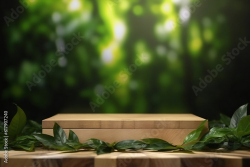 Wood tabletop counter podium floor in outdoors tropical garden forest blurred green leaf plant nature background.Natural product placement pedestal stand display,spring summer jungle paradise concept. © kavinda