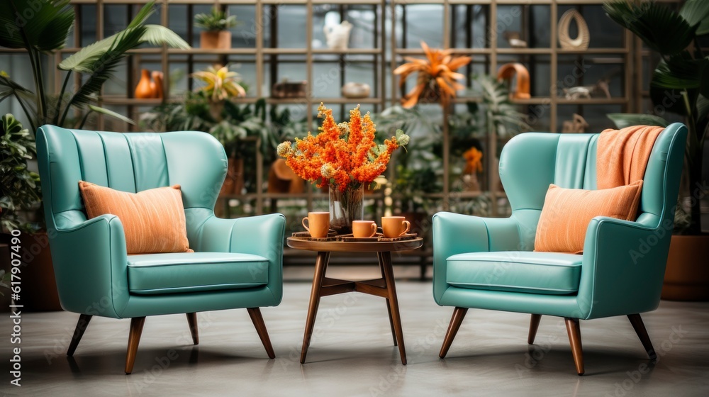 Fototapeta premium Home interior mock-up with turquoise armchairs, table and pampas, 3d render. Created with generative AI.