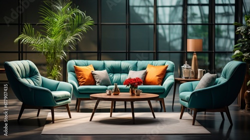 Home interior mock-up with turquoise armchairs  table and pampas  3d render. Created with generative AI.