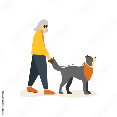 visually impaired woman walking with her guide dog.Vector illustrator