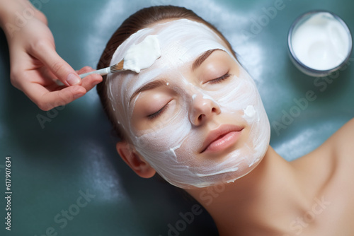 Woman with eyes closed and white facial mask on face in SPA, Face and body care, relaxation and mental health. High quality photo photo