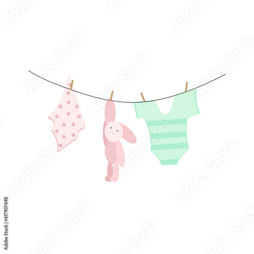 Kids clothes on clothesline. Drying children's clothes and accessories after washing on a rope. Baby clothes for newborn girl infant. Vector cartoon.