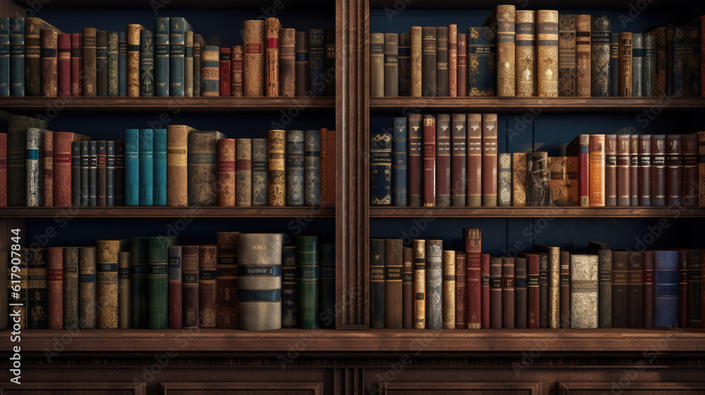 Old books in the shelf in library .Created with Generative AI technology. Old books in the shelf in library .Created with Generative AI technology.