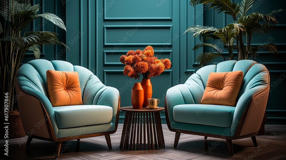 Obraz premium Home interior mock-up with turquoise armchairs, table and pampas, 3d render. Created with generative AI.