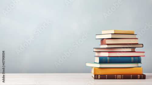 A stack of books on a table against a gray wall.Created with Generative AI technology.