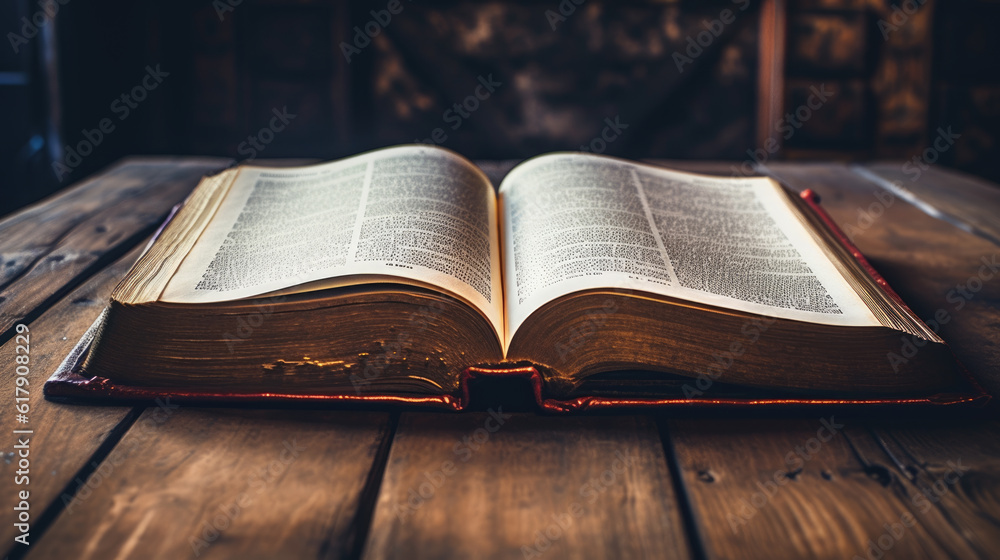 Old opened book on wooden table in library .Created with Generative AI technology. Old opened book on wooden table in library .Created with Generative AI technology.