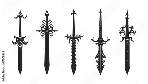 Set of knightly swords isolated on white background. Sword silhouettes. Vector illustration
