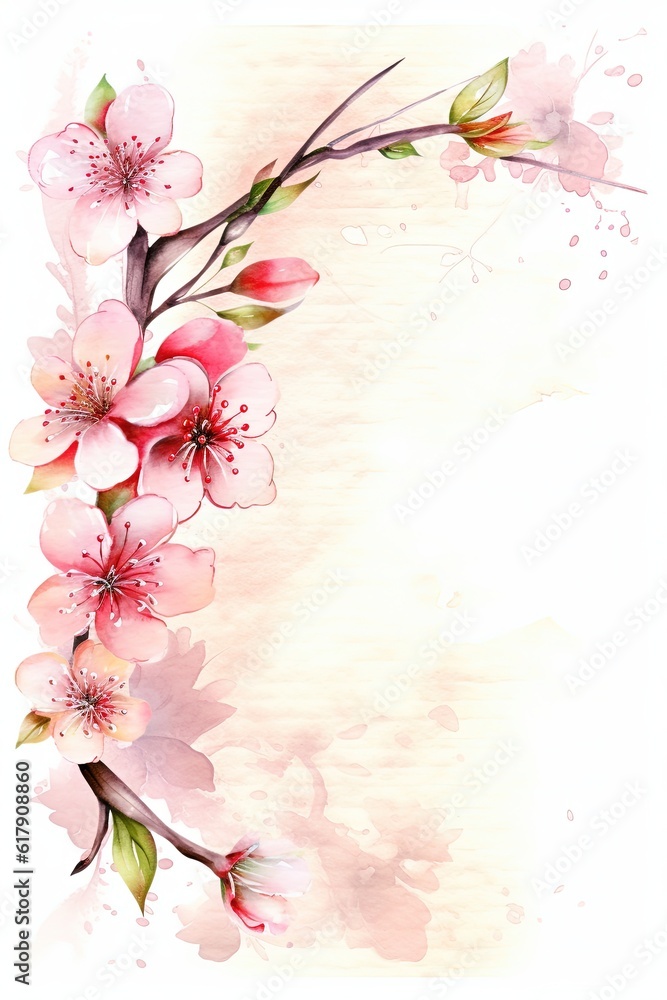 Fototapeta premium Watercolor Japanese cherry blossom pink frame with space for your text. Place for text. Greeting card template.