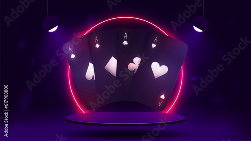 Purple poker cards on a glossy podium with a bright neon pink frame. A poster for a casino.