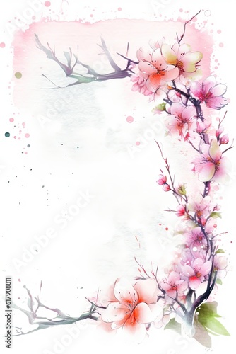 Watercolor pink cherry blossom branch frame. Hand painted watercolor illustration style. Place for text. Greeting card template.
