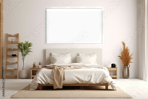 big rectangular blank mock up frame on a modern bedroom