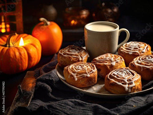 Freshly baked halloween cinnamon rolls with spider web ornament with cup of coffee and orange halloween pumpkins in the background. Generative AI