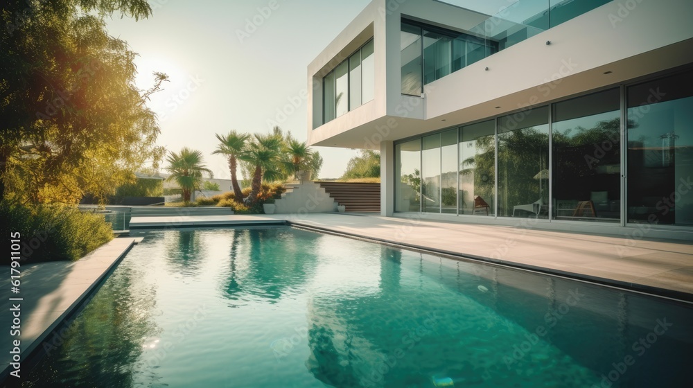 Fototapeta premium Modern villa with swimming pool. Generative AI