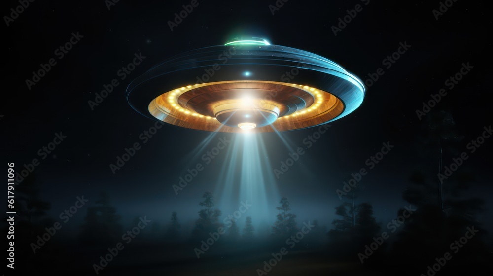 UFO flying with alien and abduct beam at night.3d rendering Stock ...