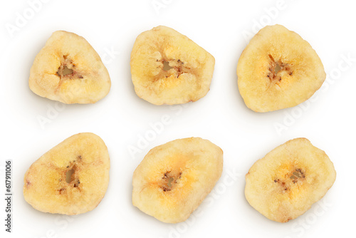 Dried banana chips isolated on white background with full depth of field. Top view. Flat lay