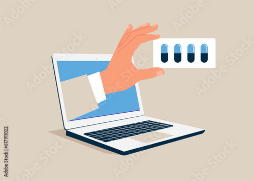 Through the laptop healthcare specialist holding vitamin in hand. Prescription of doctor concept. Pharmacy, drug store, medicine. Health care.