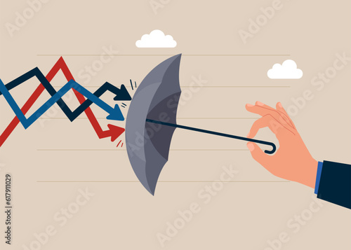 Businessman holding umbrella to cover and protect from downturn arrow.  Defensive stock in economy crisis. Flat vector illustration 