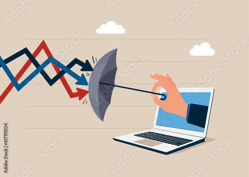Through the laptop businessman holding umbrella to cover and protect from downturn arrow.  Market crash, business resilient to survive difficulty. Flat vector illustration 