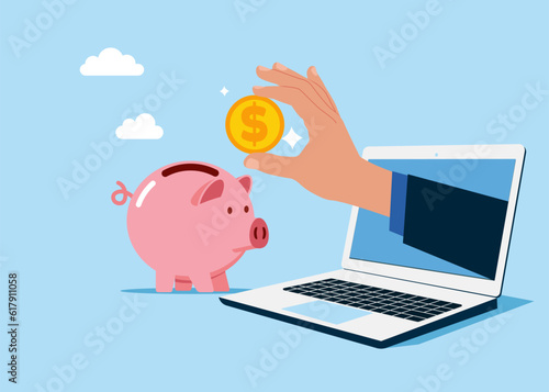Through the laptop Hand putting coin a piggy bank money savings. Modern vector illustration in flat style