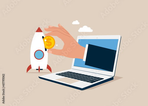 Through the laptop Businessman hand investor put money coin into innovative rocket to launch company. Funding startup company or venture capital investment. Vector illustration