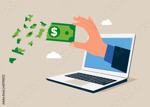 Through the laptop Lose dollar money investment in financial crisis, profit and loss in business or deflation and inflation. Vector illustration