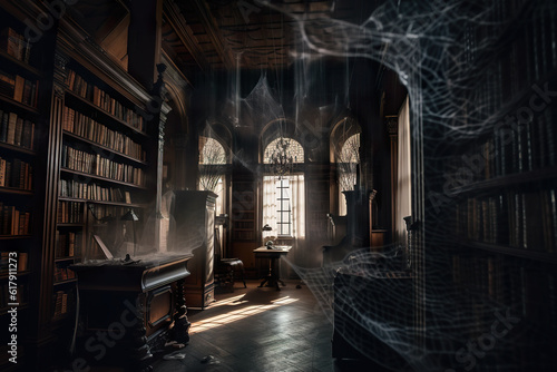 A room with a piano, bookshelf, and a spider web. AI generative. © tilialucida