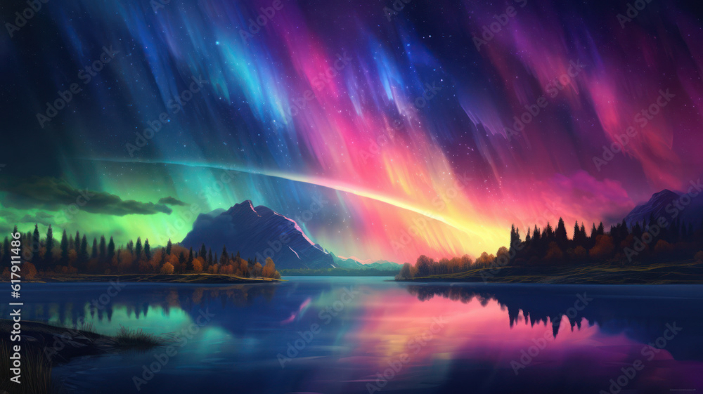 landscape with vibrant light reflections resembling the aurora borealis