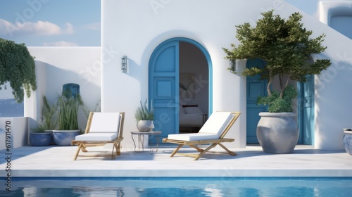 Santorini style architecture with armchairs plant door and swimming pool.3d rendering © Eli Berr