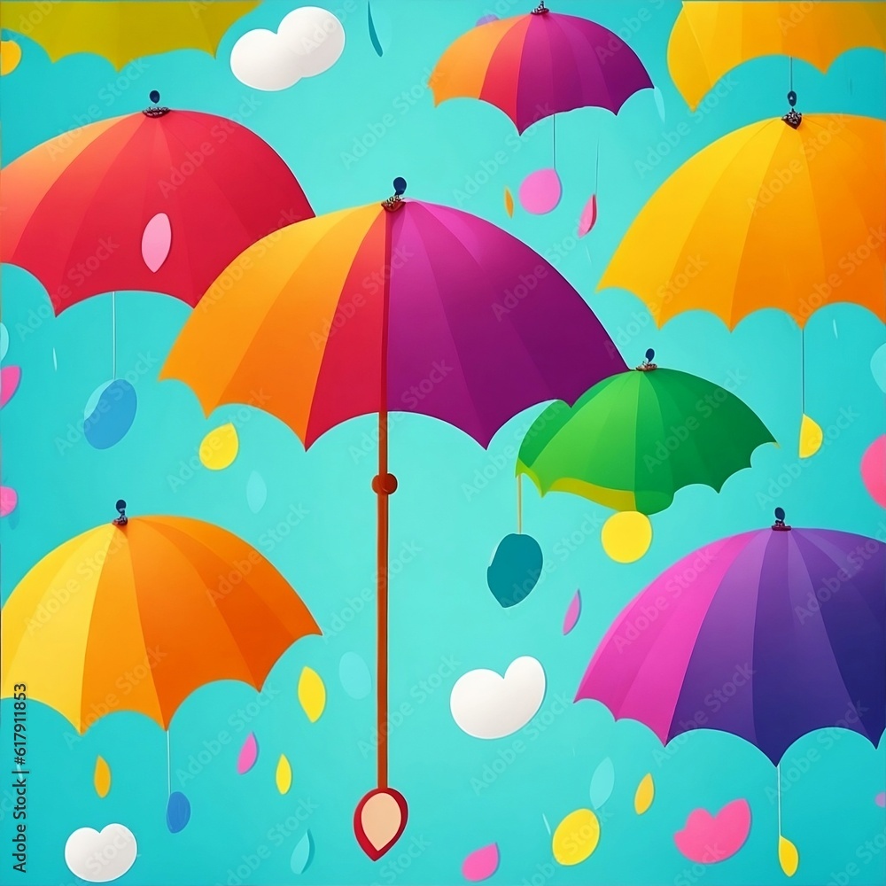 illustration of A colorful banner with a bunch of paper umbrellas hanging from it with rain on gradient background by generative ai