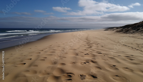 Tranquil sand dune landscape  rippled wave pattern  horizon over water generated by AI