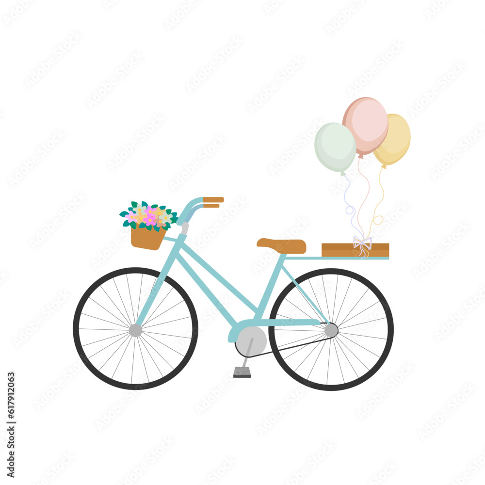 of women's bicycles with a basket of flowers and layers. Flat style. Vector illustration