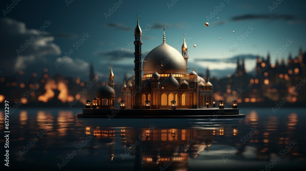 A picture of a mosque with a crescent moon and the words  ramadan  on it. Created with generative AI.