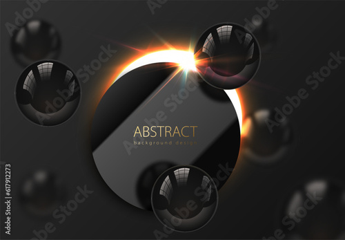 Flying glossy black pearl sphere, blur on dark background. Flat cut black disk frame sun eclipse glow light effect. Luxury vector abstract delicate background for science business advertisement