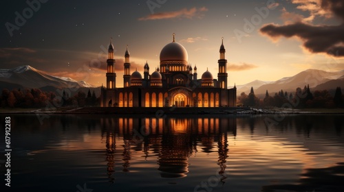A picture of a mosque with a crescent moon and the words  ramadan  on it. Created with generative AI. photo
