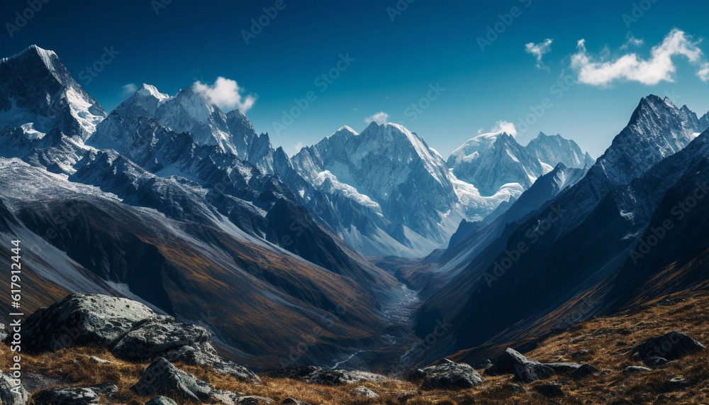 Majestic mountain range, panoramic view, tranquil scene, beauty in nature generated by AI