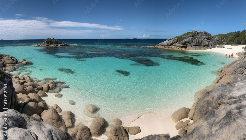 Tranquil turquoise waters edge, perfect for summer vacations and relaxation generated by AI Tranquil turquoise waters edge, perfect for summer vacations and relaxation generated by AI