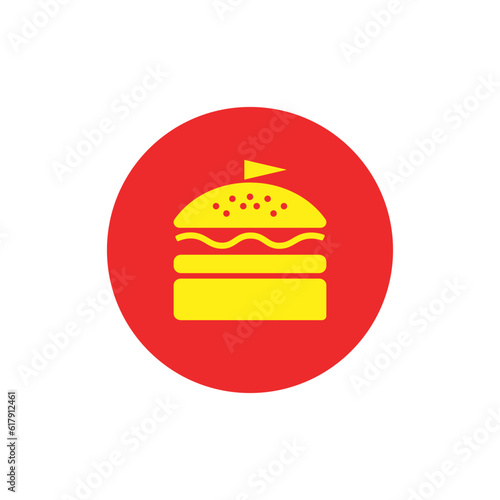 Fast Food Burger with Flag Vector Flat Modern Linear Icon on White Background. Circle Button. Simple Сheeseburger Symbol for Cafe, Bar, Restaurant, Menu, Banner, Web.