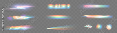 Set of colorful vector lenses and light flares with transparent effects. Iridescent crystal leak glare reflection effect. Optical rainbow lights, glare, leak, streak overlay. falling confetti. Vector