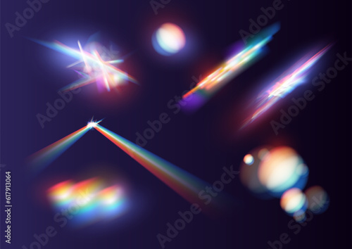 Set of colorful vector lenses and light flares with transparent effects. Iridescent crystal leak glare reflection effect. Optical rainbow lights, glare, leak, streak overlay. falling confetti. Vector