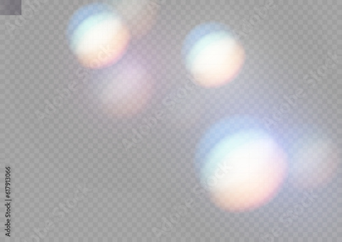 Set of colorful vector lenses and light flares with transparent effects. Iridescent crystal leak glare reflection effect. Optical rainbow lights, glare, leak, streak overlay. falling confetti. Vector