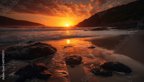 Tranquil sunset over rocky coastline, reflecting beauty in nature generated by AI