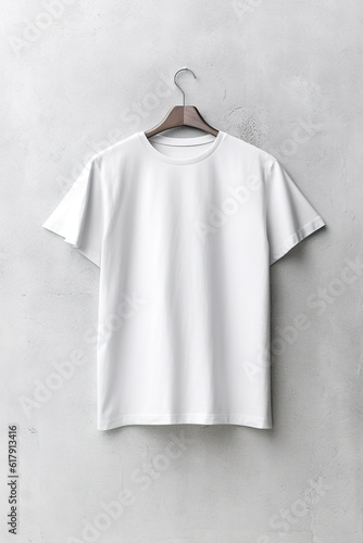 White t-shirt mockup on neutral background. Crowneck tshirt for your design, front view. Generative AI.
