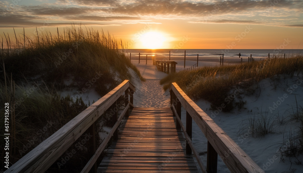 Fototapeta premium Tranquil scene of sunset over water on idyllic coastline generated by AI