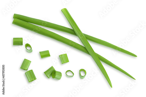 Foto Green onion isolated on the white background. Top view. Flat lay.
