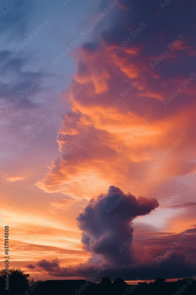 a sunset with a big cloud in the sky over a field. AI Generated