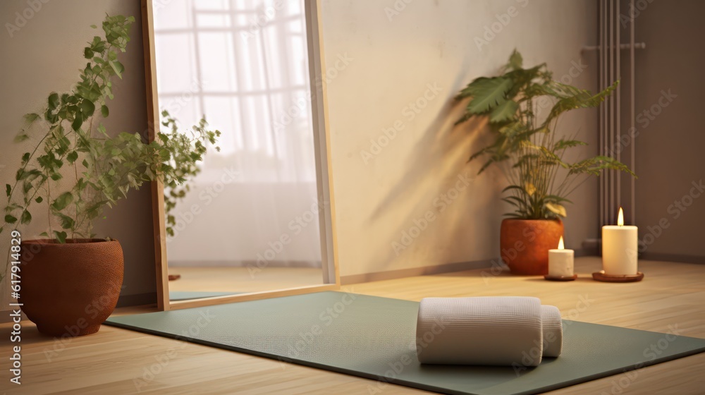 Yoga mat in yoga room with plant ,scented candle and mirror. 3d rendering Yoga mat in yoga room with plant ,scented candle and mirror. 3d rendering