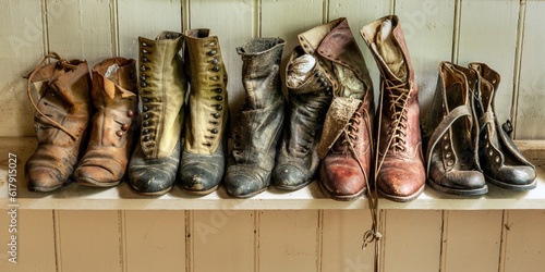 Old fashioned shoes and boots on a shelf