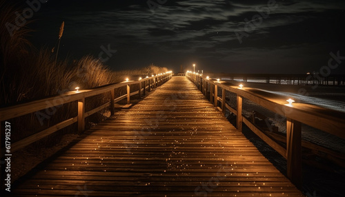 Tranquil dusk, illuminated boardwalk, vanishing point, reflection on water generated by AI