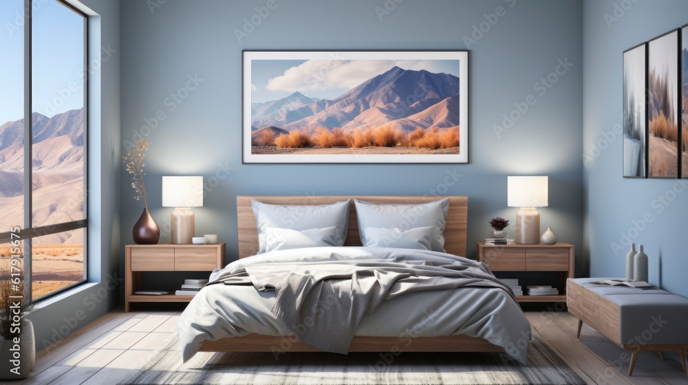 Fototapeta premium Contemporary bedroom interior in white and blue colors, with wall frame 3d render. Created with generative AI.