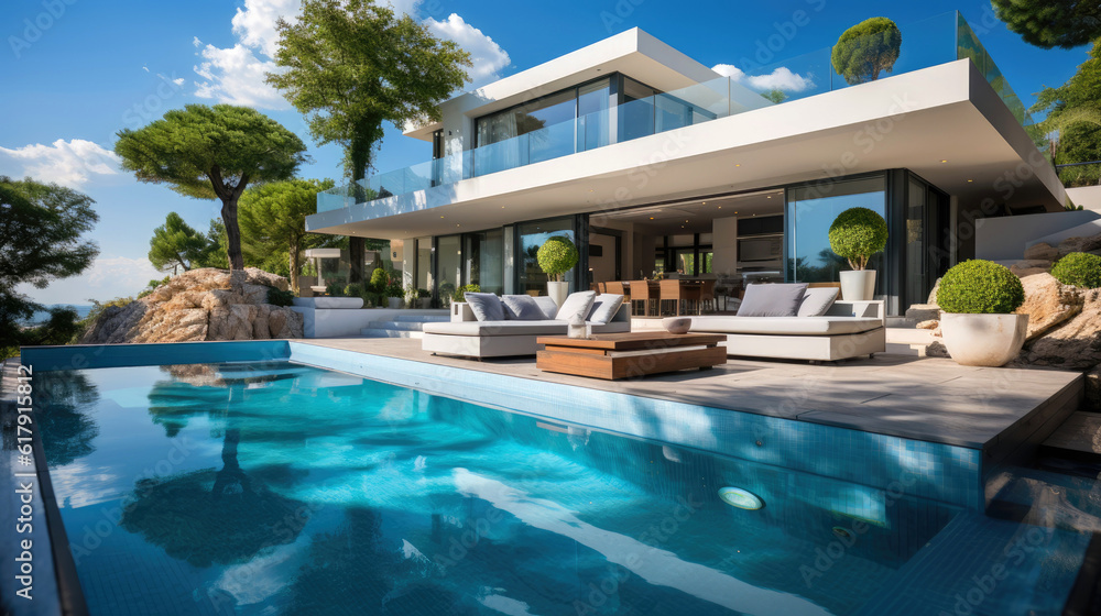 Modern villa with swimming pool. Generative AI